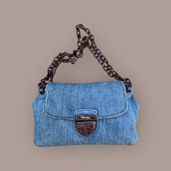 Prada Denim Shoulder Bag with Tortoiseshell Chain Croc Detail Buckle - Picture 3 of 5